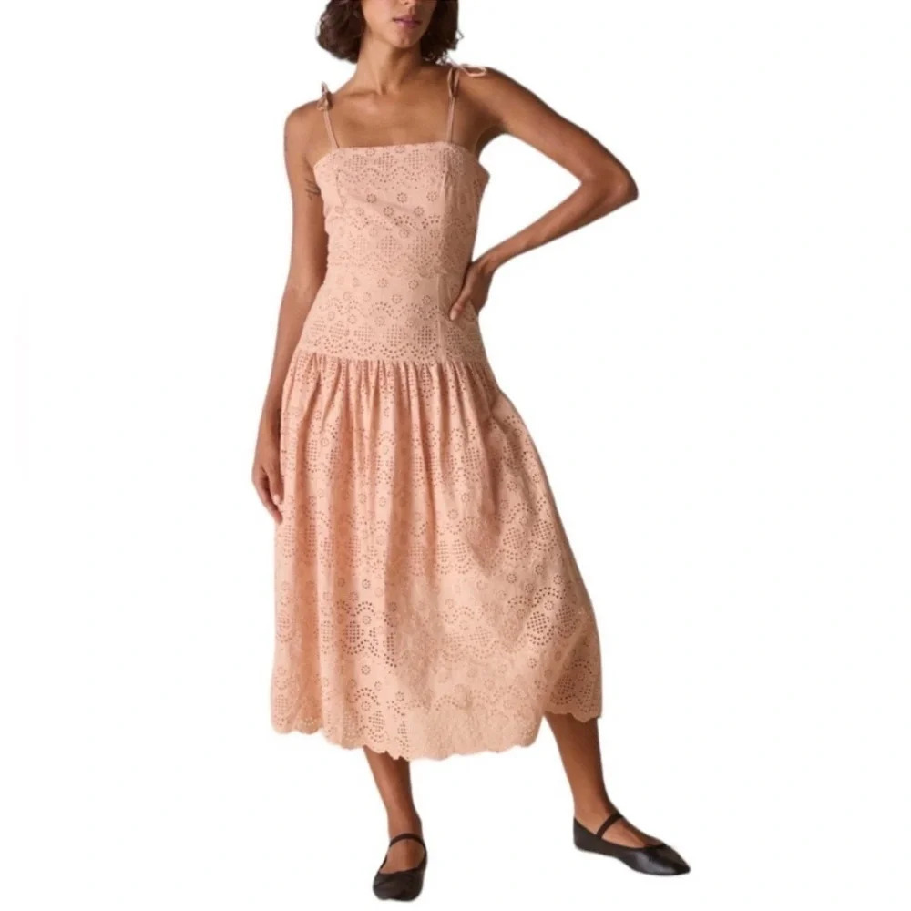 St. Roche Benedict Embroidered Eyelet Midi Dress Tan NWT French Romantic Chic